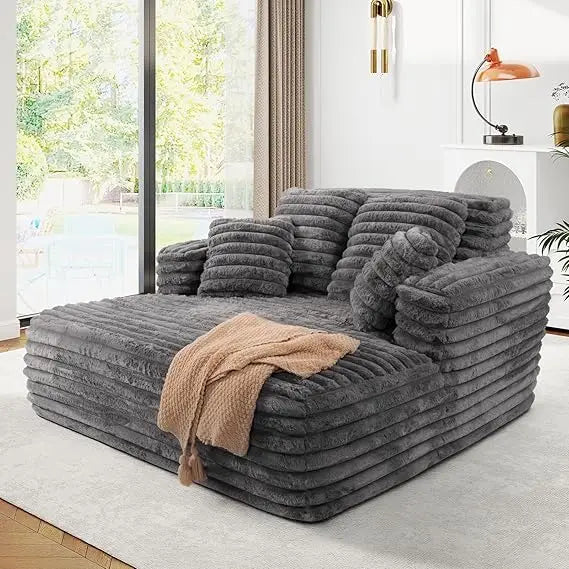 56"W Oversized Chaise Lounge Chair Indoor,Plush Faux Fur Sleeper Sofa Couch Bed with Pillows&Wide Armrest,Fluffy Comfy Cloud Sof