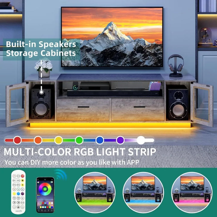 TV Stands for Living Room, Farmhouse TV Stand for 65/70 inch TV, LED TV Entertainment Center with Storage & Power Outlets, TV C