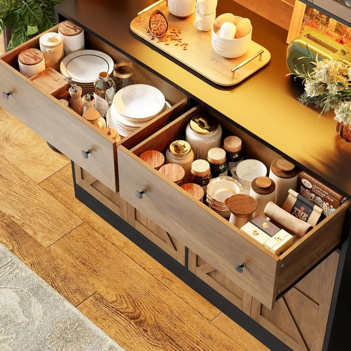 71" Pantry Cabinet with LED Light and Charging Station, Farmhouse Kitchen Pantry Cabinet with Microwave Stand, 47.2" W