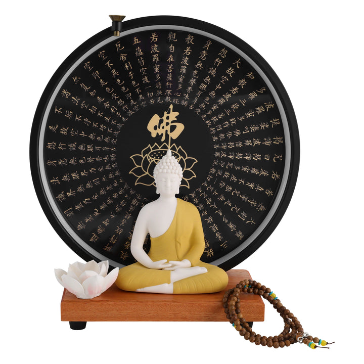 Ceramic Meditating Figurine with Circle LED Lamp – Decorative Sculpture for Home or Office, White/Red/Yellow/Blue, 11.8 x 4.7 x 13 in