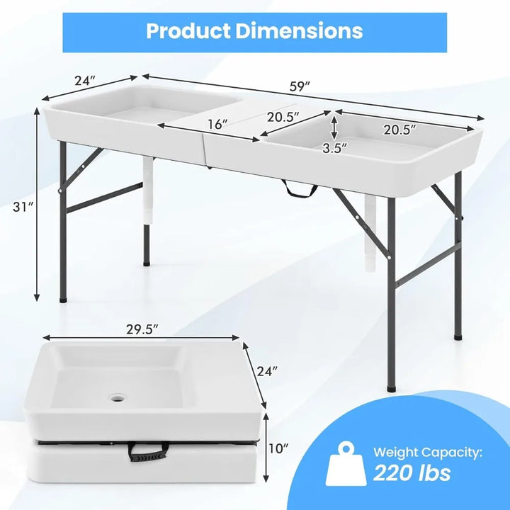 5 FT Folding Ice Cooler Table with Double Sinks and Drains, Portable Ice Table with Matching Skirt, Beverage Cooler Table, Chil