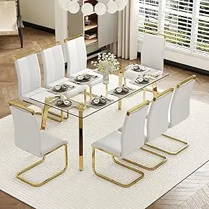Modern Dining Table Set for 6,Glass Kitchen Table and Chairs,71''Gold Dining Room Table &Generous Legroom with 6 White Leather