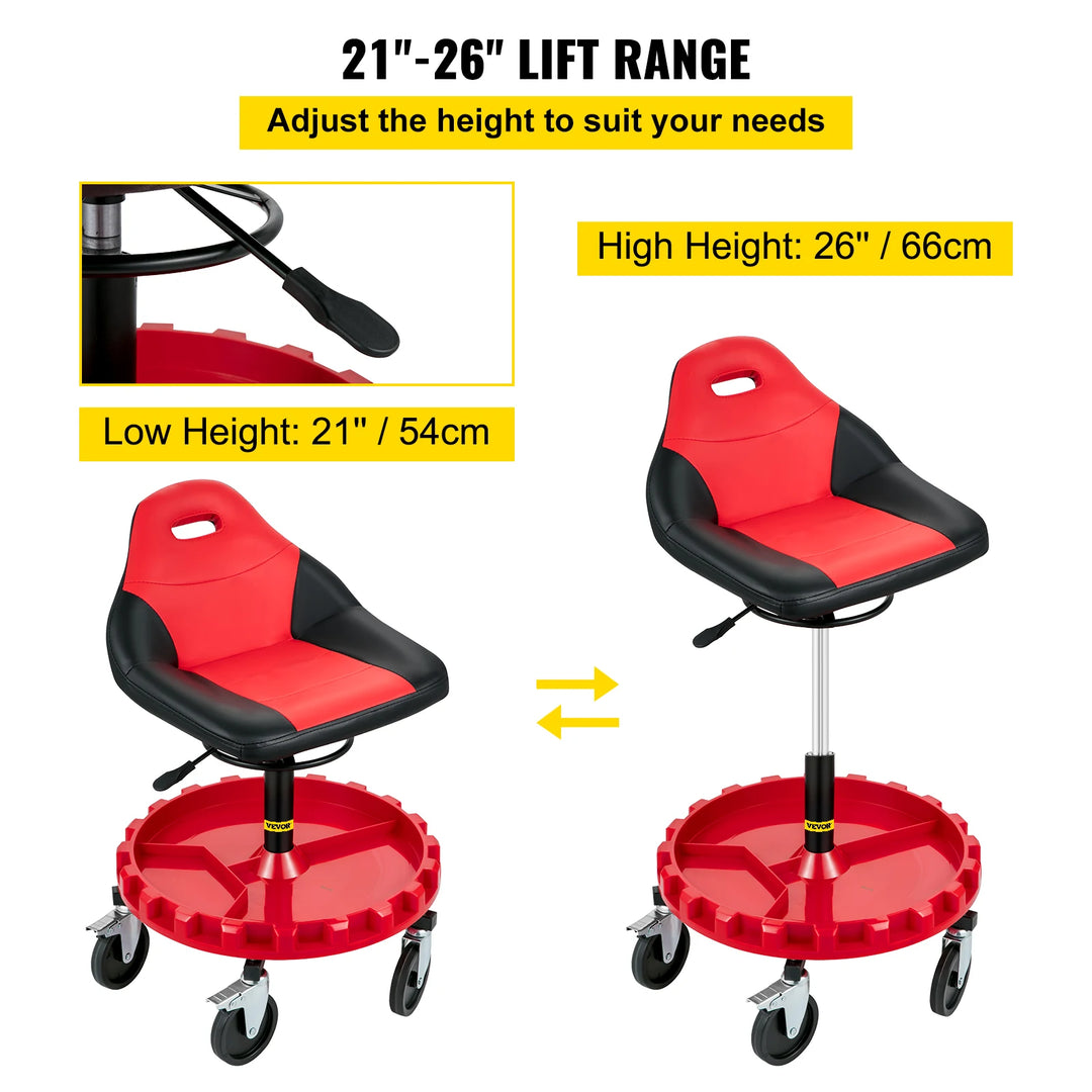 SucceBuy Rolling Garage Stool 300 LBS Capacity 21"-26" Adjustable Height Range Mechanic Seat with Swivel Casters and Tool Tray