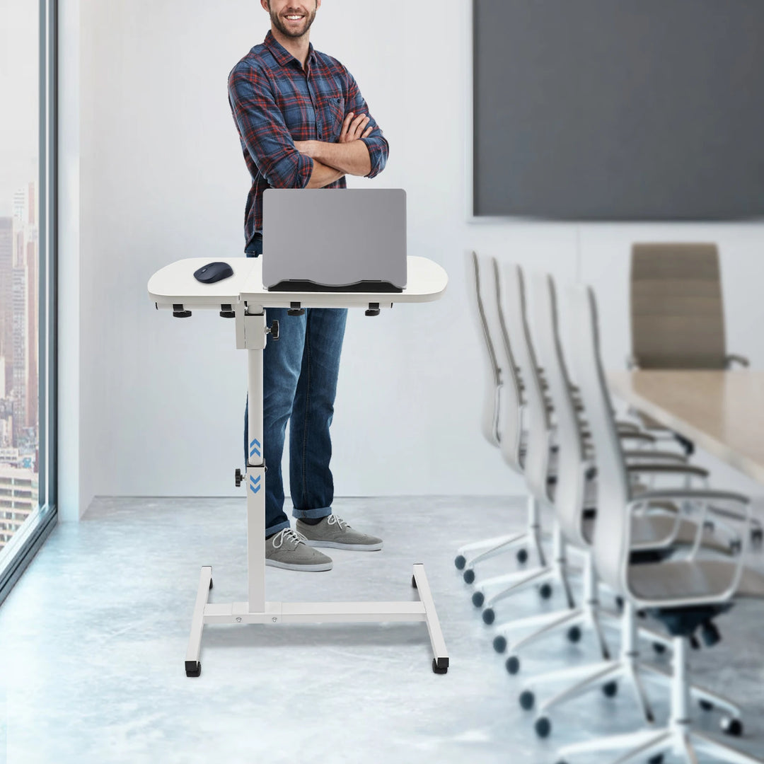 Height Adjustable White Computer Desk Stand with Wheels Adjustable Rolling Laptop Table Suitable for Bedroom, Living Room, Study
