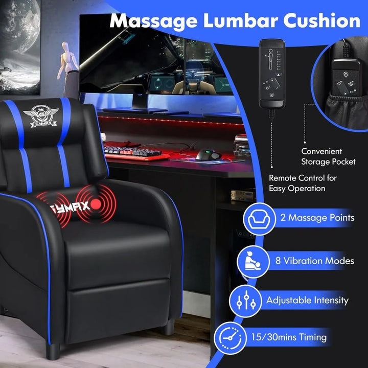 Gaming Recliner, Massage Gaming Chair w/Adjustable Footrest, Remote Control & Side Pocket, Ergonomic Game Lounge Chair, Racing
