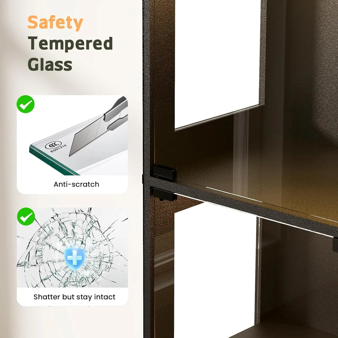 Glass Display Cabinet with Doors - Curio Cabinet with Dynamic LED Lights for Collectibles, 67" Display Case with 4 Tier &Drawers