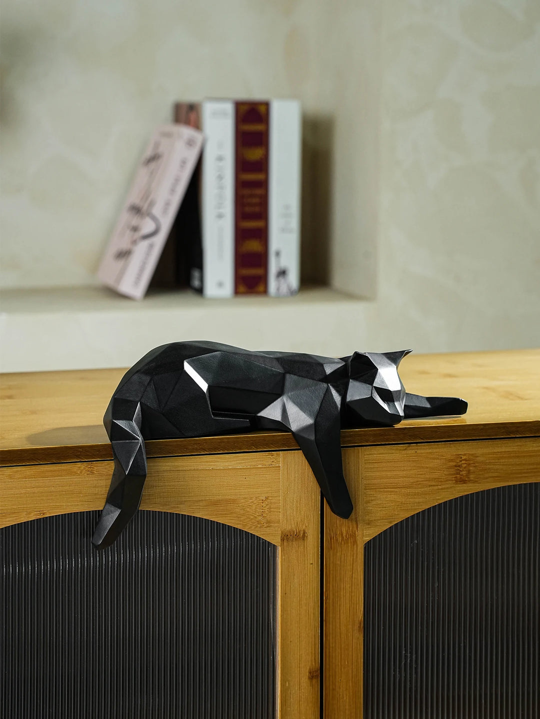 White Black Cat Statue - Geometric Modern Room Decor Figurine Sculpture for Home Office as Table Shelf Desk Decor  Lying Cat
