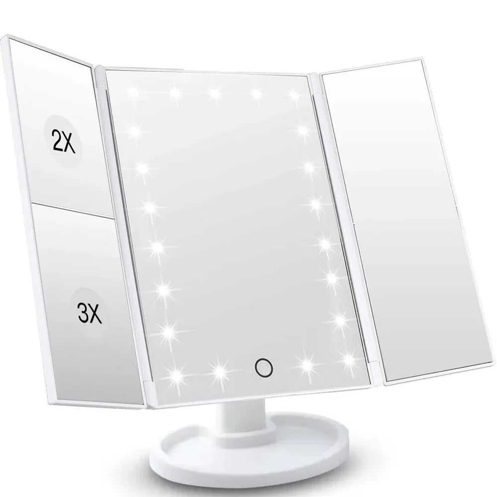 LED Vanity Makeup Mirror with Touch Control, Adjustable Lighting 1X, 2X, 3X Magnification, Trifold Design Ideal Gift for Women