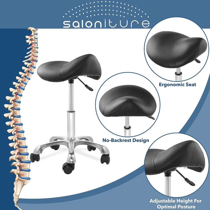 Professional Ergonomic Saddle Stool, Black - Adjustable Hydraulic Seat, Rolling Spa Salon, Massage
