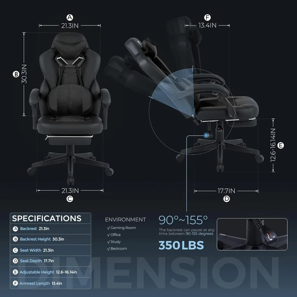 Gaming Chair PRO, Ergonomic Gaming Chairs for Adults Heavy People, Massage Reclining Office Desk Computer Chair with Footrest