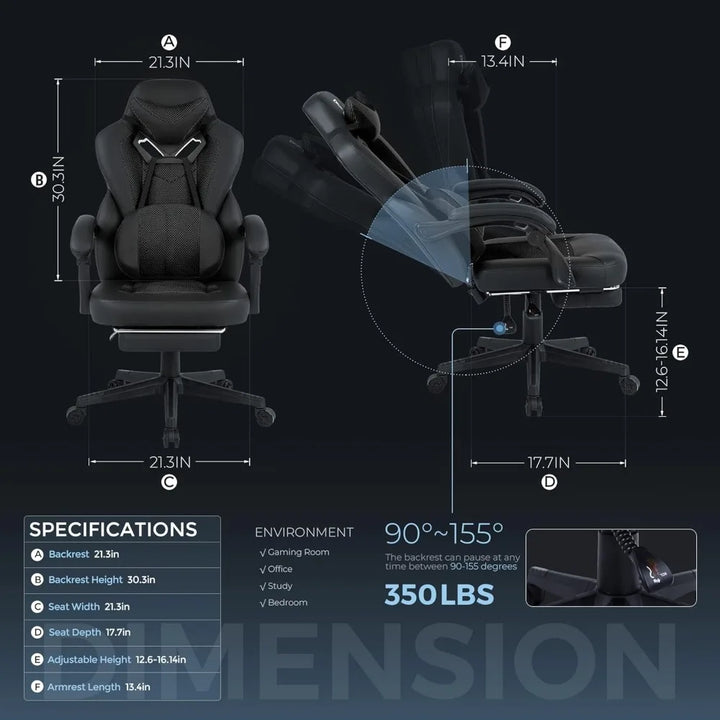 Gaming Chair PRO, Ergonomic Gaming Chairs for Adults Heavy People, Massage Reclining Office Desk Computer Chair with Footrest