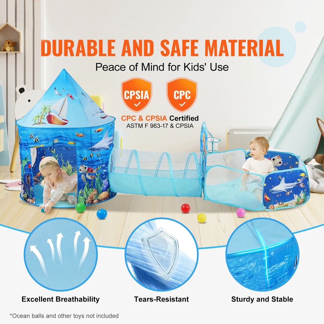 VEVOR 3 in 1 Kids Play Tent with Tunnel Basketball Hoop for Boys Girls Babies and Toddlers Indoor/Outdoor Pop Up Playhouse Gifts