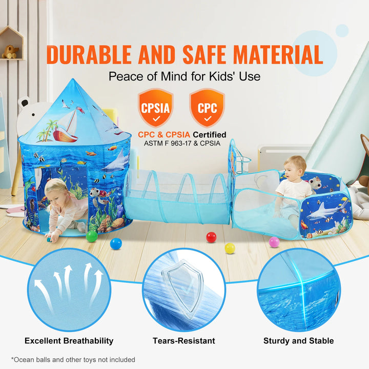 VEVOR 3 in 1 Kids Play Tent with Tunnel Basketball Hoop for Boys Girls Babies and Toddlers Indoor/Outdoor Pop Up Playhouse Gifts