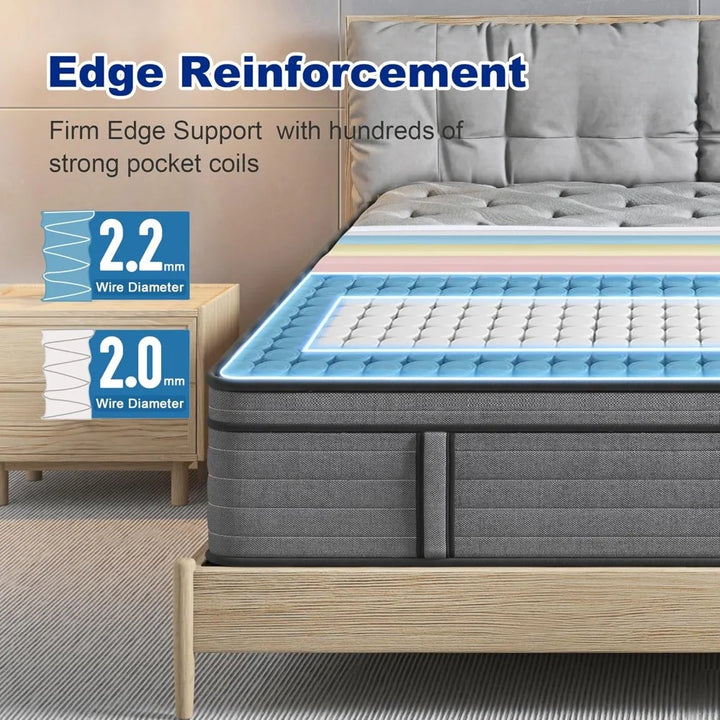 Mattress,14 Inch Queen Size Hybrid Mattress with Extra Lumbar Support for Back Pain Relief, Cool Sleep, Edge Support