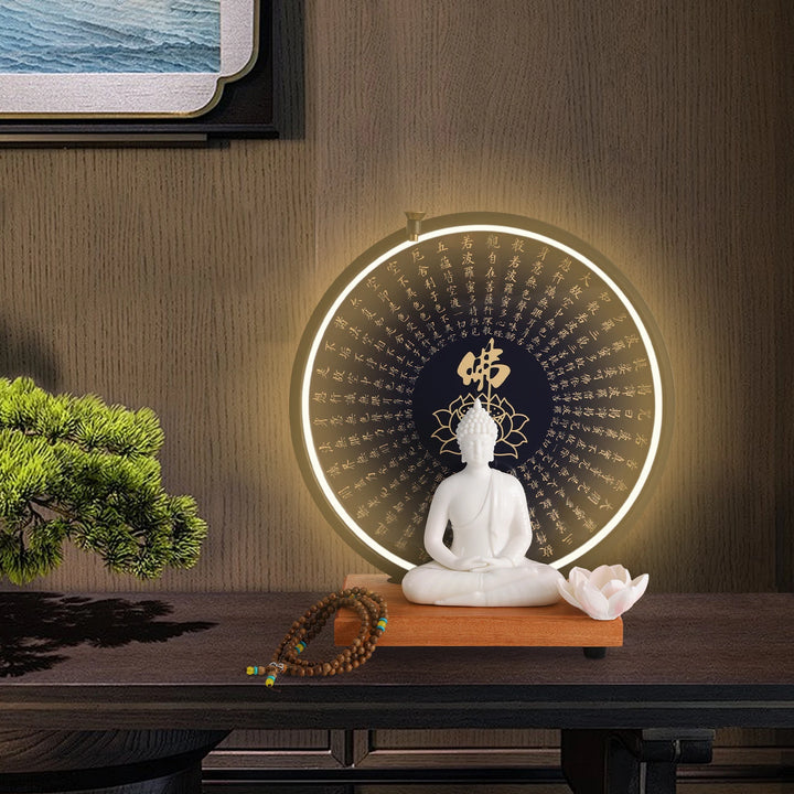 Ceramic Meditating Figurine with Circle LED Lamp – Decorative Sculpture for Home or Office, White/Red/Yellow/Blue, 11.8 x 4.7 x 13 in