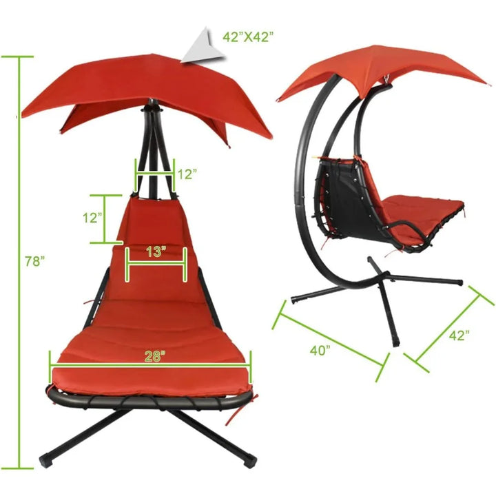 Patio Hanging Chaise Outdoor Lounger Padded Cushion Swing Hammock Chair w/Sun Shade Canopy Umbrella Stand [Orange]