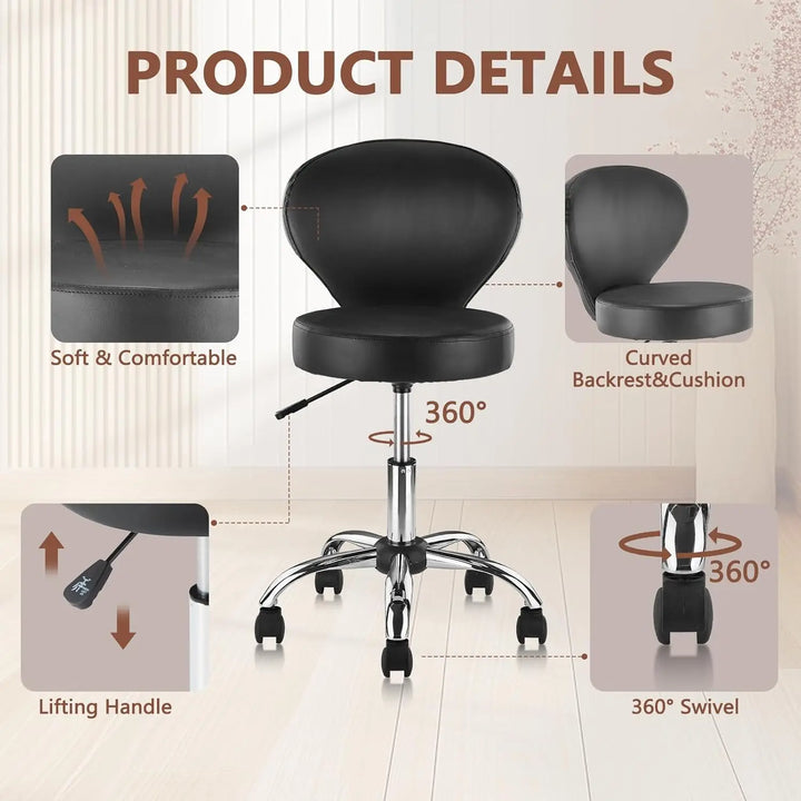 Rolling Swivel Salon Stool Chair with Back Support Adjustable Hydraulic Seat Height 22 in