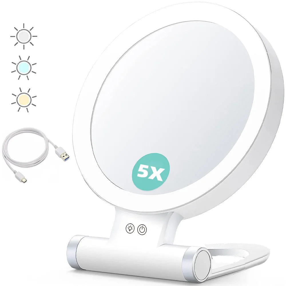 3 Colors LED Vanity Mirror with Touch Screen 5/10x USB Rechargeable Dimming Makeup Mirror 3 Brightness Portable