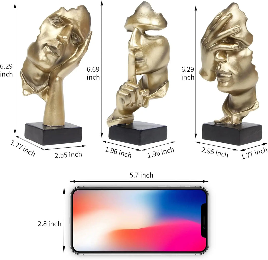 3 Pcs Thinker Statue, Silence is Abstract Art Figurine,  Modern Home Resin Sculptures Decorative Bookshelf Desktop(Gold), A-41