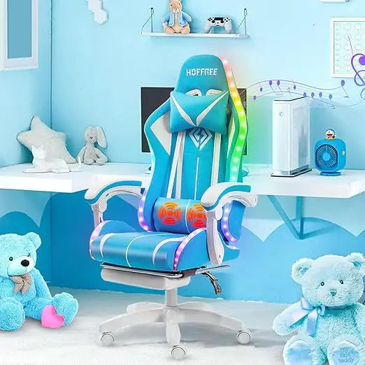 Pink Gaming Chair with Speakers and Led Lights Massage Video Game Chair with Footrest Reclining Computer Gaming Chair for Girls