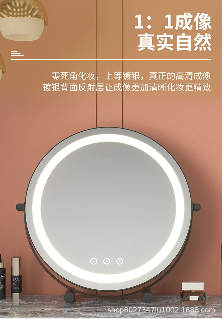 Metal Desktop Makeup Mirror  3-Level LED Lighted Vanity Mirror  Adjustable Rotating Makeup Mirror for Clear Imaging