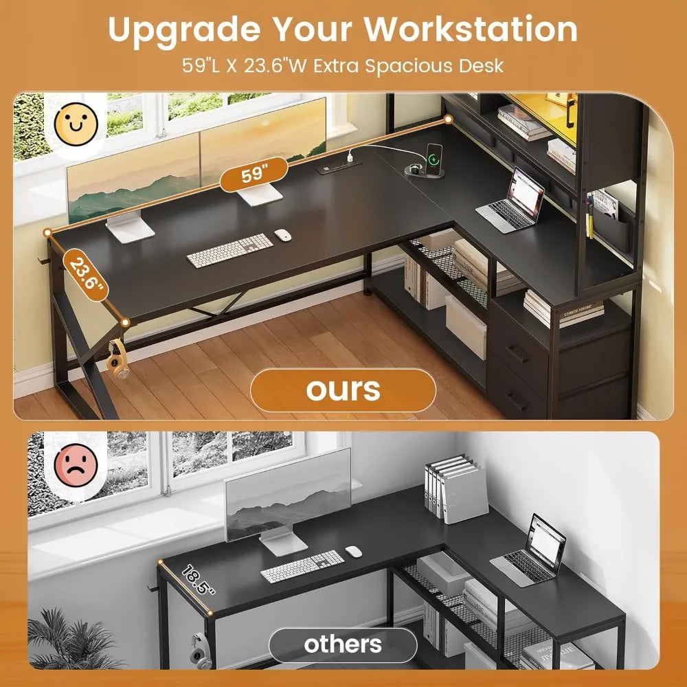 L Shaped Gaming Desk, Home Office Computer Desk with 2 Drawer and Bookshelf, L Shaped Gaming Desk with LED Light, Glass Cabinet