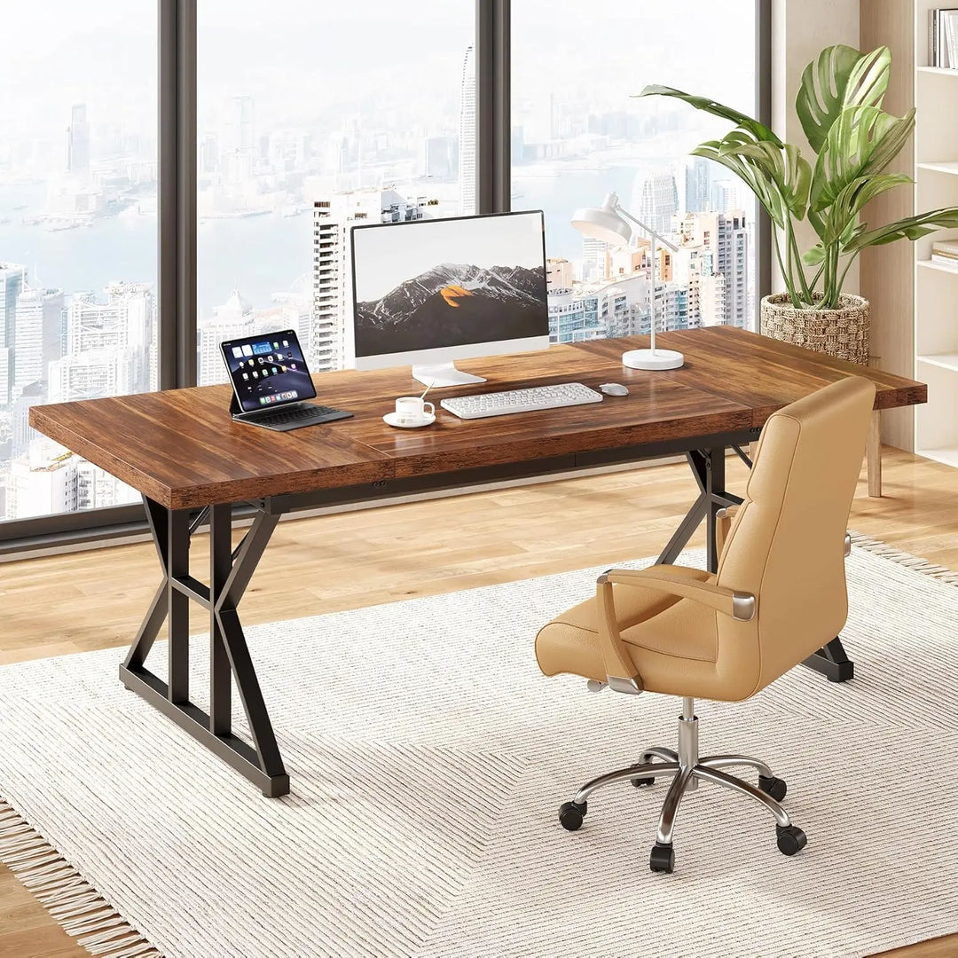 LITTLE TREE 70.8-Inch Office Desk, Executive Office Desk, Modern Work Desk, Large Farmhouse Writing Table Computer Desk for Home