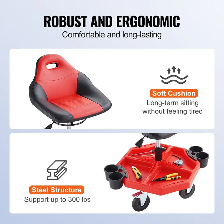 300LBS Adjustable Mechanic Stool – Rolling Garage Seat with Tool Tray, 5" Casters & Adjustable Height | Trufairs