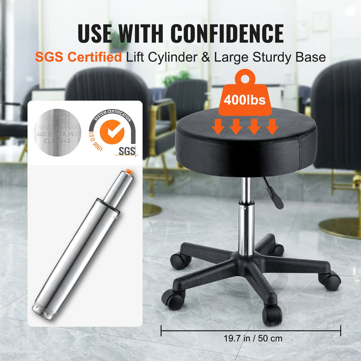 SucceBuy Rolling Round Stool 40cm Diameter w/ 5 Swivel Casters 360° Rotation Height Adjustable Round Stool for Bar Salon Office
