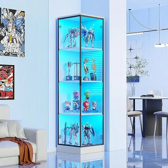 four-tier corner display cabinet with doors and bookcase for collectibles, toys, and books