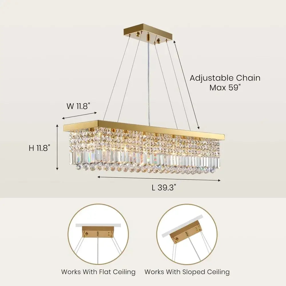 Modern Rectangular Crystal Chandelier Gold Pendant Light Fixture Dining Kitchen Island E12 Bulb 8-Light Adjustable Chain