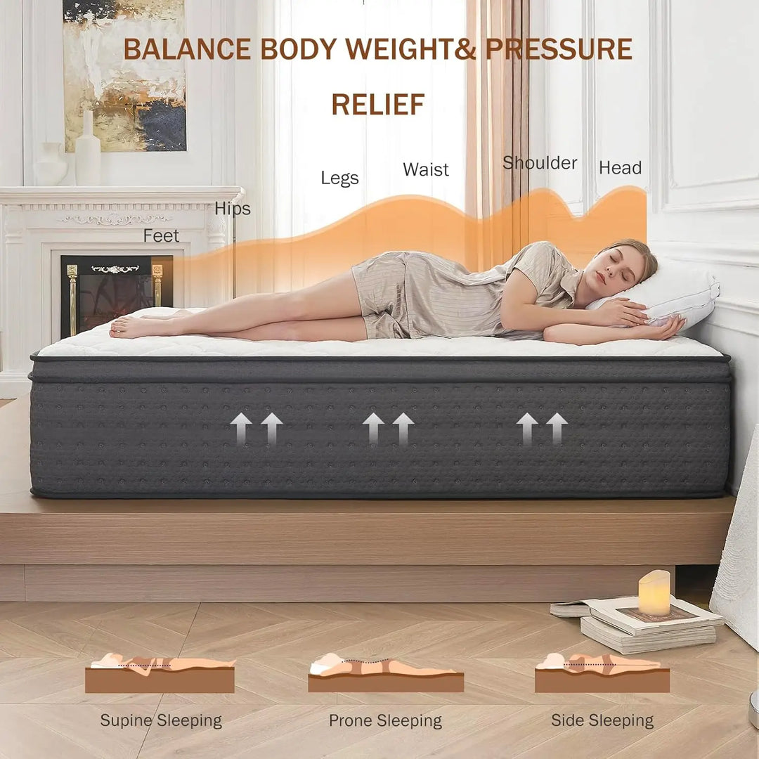 King Mattress 12 Inch King Size Hybrid Mattresses in a Box Memory Foam and Independent Pocket Springs for Pressure Relief CertiP