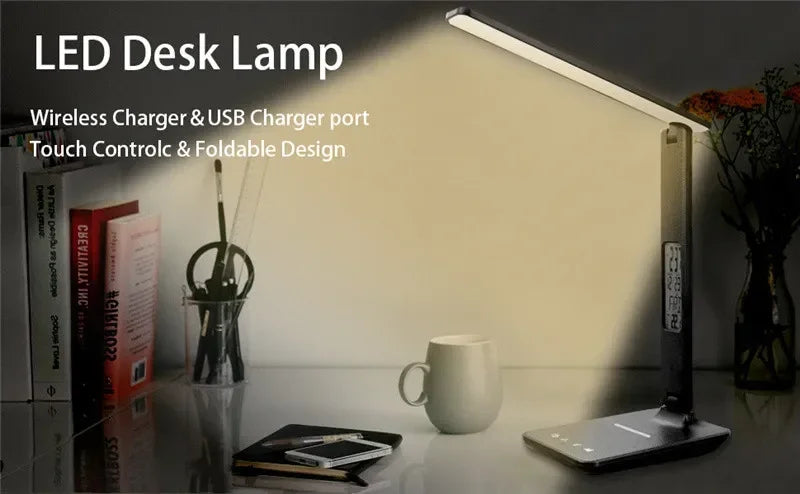 Wireless Charger Pad USB Fast Charging Station LED Desk Lamp Temperature Alarm Clock Eye Protect Study Business Light Table Lamp