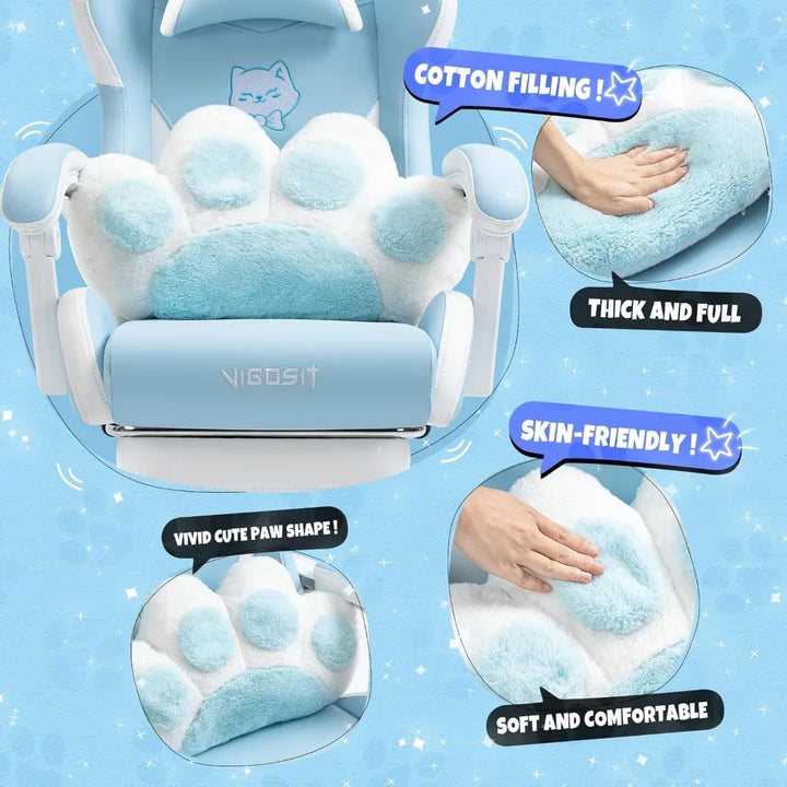 Cute Gaming Chair with Cat Paw Lumbar Cushion and Cat Ears, Ergonomic Computer Chair with Footrest, Reclining PC Game Chair for