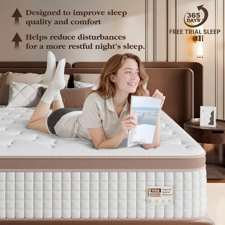 King Mattress 14 Inch - Medium Firm Hybrid Mattress In a Box for Back & Lumbar Support, 366 Night Trial, Individual Pocket Sprin