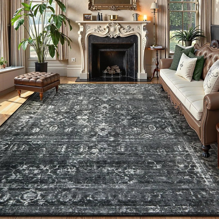 Area Rugs 9x12 Living Room Soft Large Rugs for Bedroom, Boho Black Dining Room Rug, Distressed Non Slip Low Pile Carpet for Ind