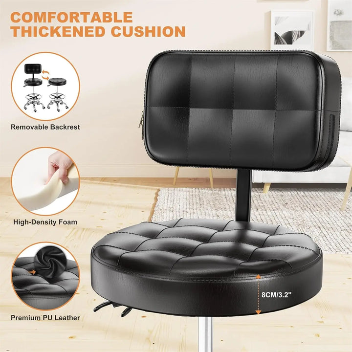 Rolling Stool, Rolling Stools with Wheels Foot Rest, Backrest Adjustable Height, Heavy Duty 400lbs Weight Capacity