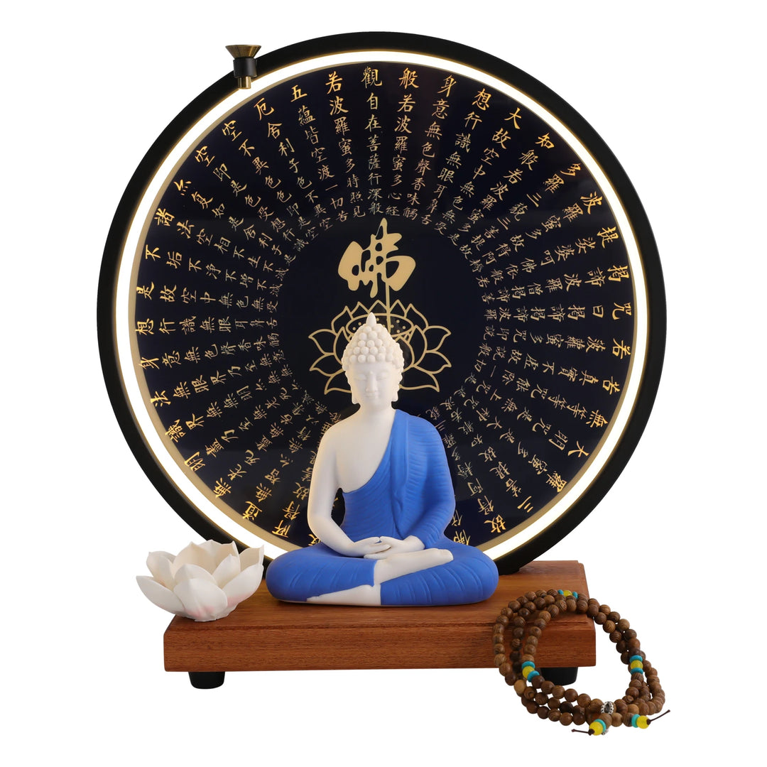 Ceramic Meditating Figurine with Circle LED Lamp – Decorative Sculpture for Home or Office, White/Red/Yellow/Blue, 11.8 x 4.7 x 13 in