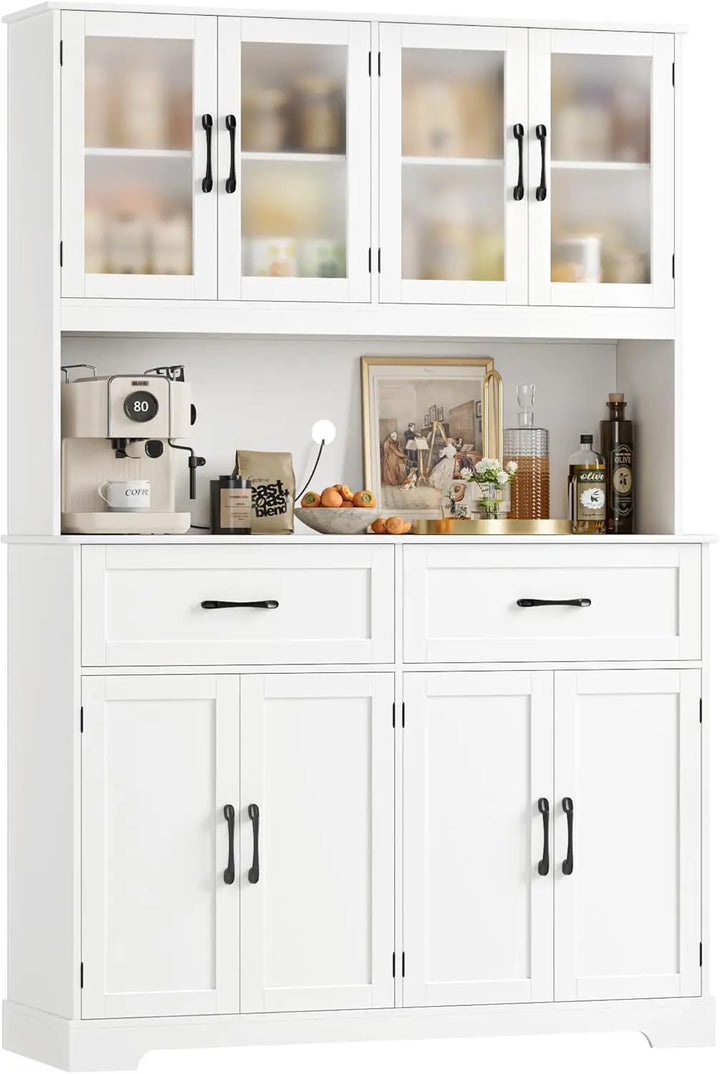 71" Kitchen Pantry Storage Cabinet, Kitchen Hutch with Microwave Stand, Large Pantry Cabinet with Drawers, Glass Doors