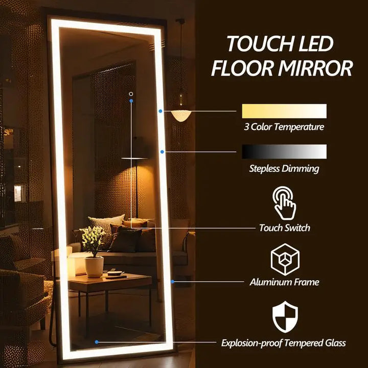 67x20 Inch Full Length Mirror with LED Lights, Standing or Wall-Mounted, Square Shape for Bedroom, Living Room, or Cloakroom,
