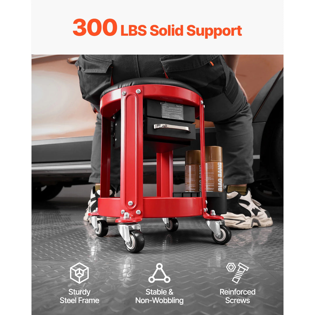 VEVOR Rolling Mechanic Stool with Wheels 300 lbs Garage Seat/Work Stool Padded Roller Creeper Seat with Fixed Height, for Garage