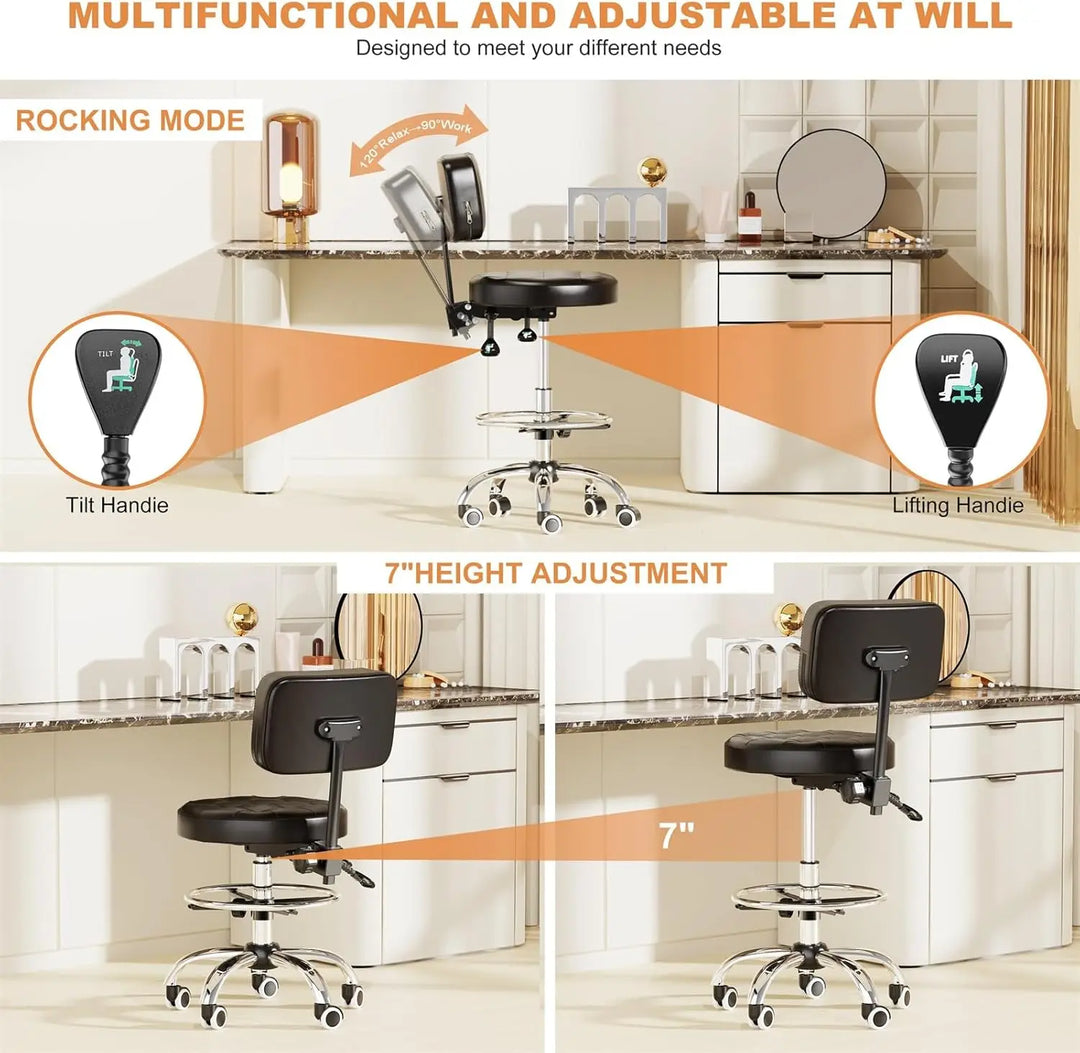 Rolling Stool, Rolling Stools with Wheels Foot Rest, Backrest Adjustable Height, Heavy Duty 400lbs Weight Capacity