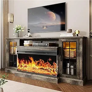 59'' Fireplace TV Stand, 3 Sided Glass Media Entertainment Center Console Table for TVs up to 65'' with Glass Door Adjustable F