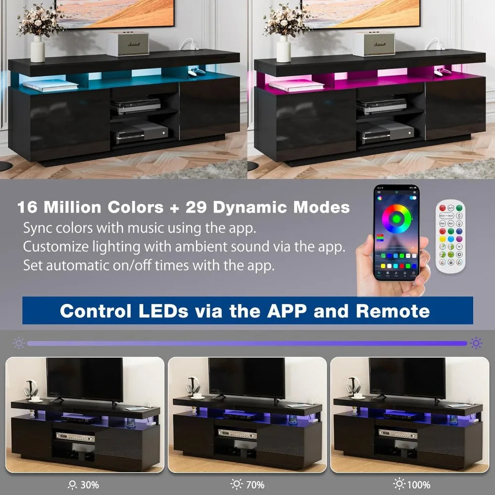 LED TV Stand for 70/65/60/55 inch TV Entertainment Center with Power Outlets, Gaming TV Consoles with Storage Media Table