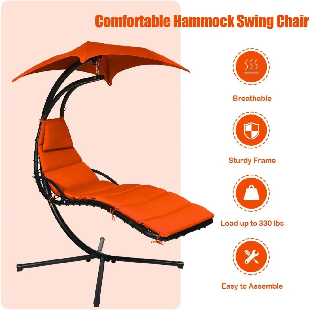 Hanging Chaise Lounger Chair, Arc Stand Porch Swing Chair W/Canopy, Cushion Built-in Pillow, Freestanding Swing Hammock Chair