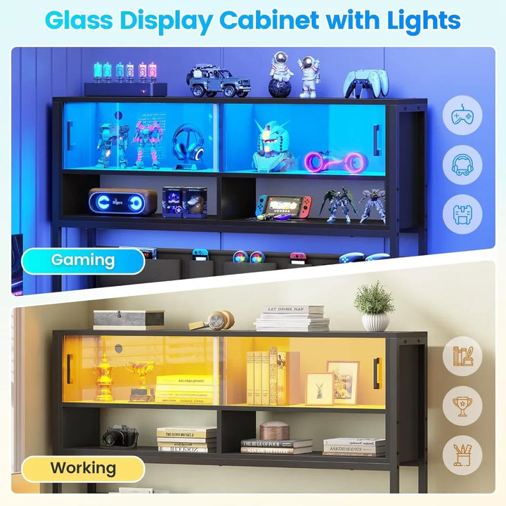 L Shaped Gaming Desk, Home Office Computer Desk with 2 Drawer and Bookshelf, L Shaped Gaming Desk with LED Light, Glass Cabinet