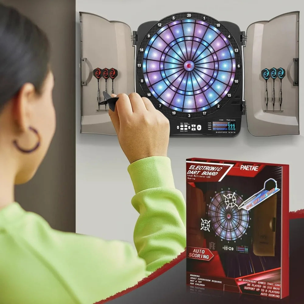 Electronic Dart Board Cabinet Set, Illuminated Target Dartboard for Adults Kids, 48 Games with 315 Variations Soft Tip Digital D