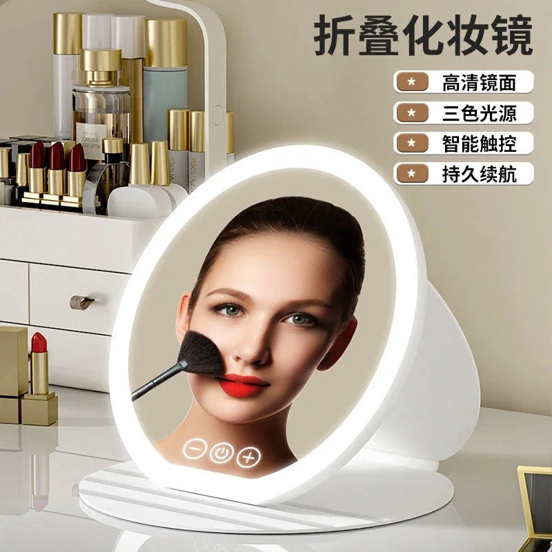 3 Colors Dimmable LED Makeup Mirror With Touch Screen Fold Cosmetic Makeup Mirror Rechargeable Tabletop For Travel & Home Use