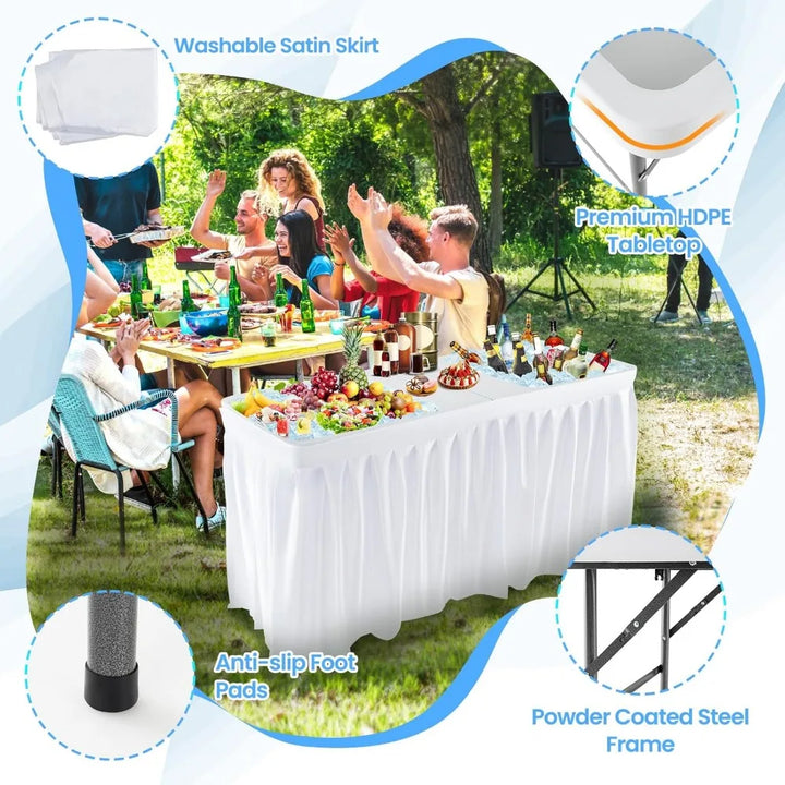 5 FT Folding Ice Cooler Table with Double Sinks and Drains, Portable Ice Table with Matching Skirt, Beverage Cooler Table, Chil