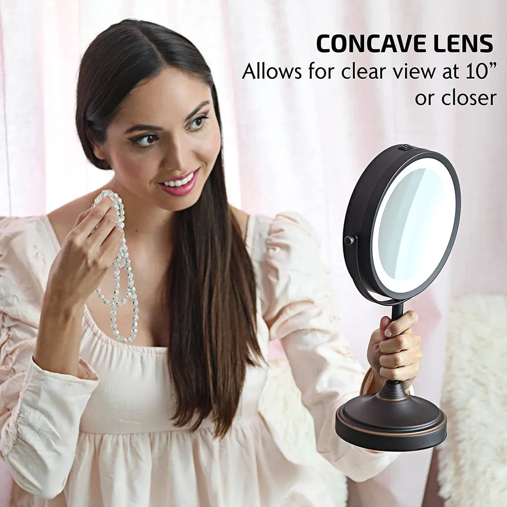 7 Inch Lighted Tabletop Makeup Mirror 1X 7X Magnification Dual Sided Swivel LED Battery Powered Great Vanity Bath Bedroom